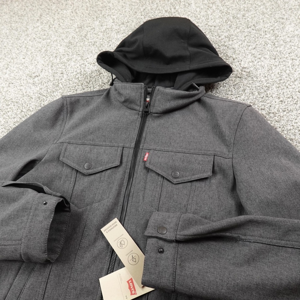 NEW Levis Jacket Mens M Black Gray Hooded Water Resistant Softshell Work Coat